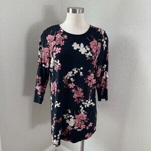 J Jill Wearever Womens Medium Floral Tunic Top Pleated Back 3/4 Sleeve Shirt